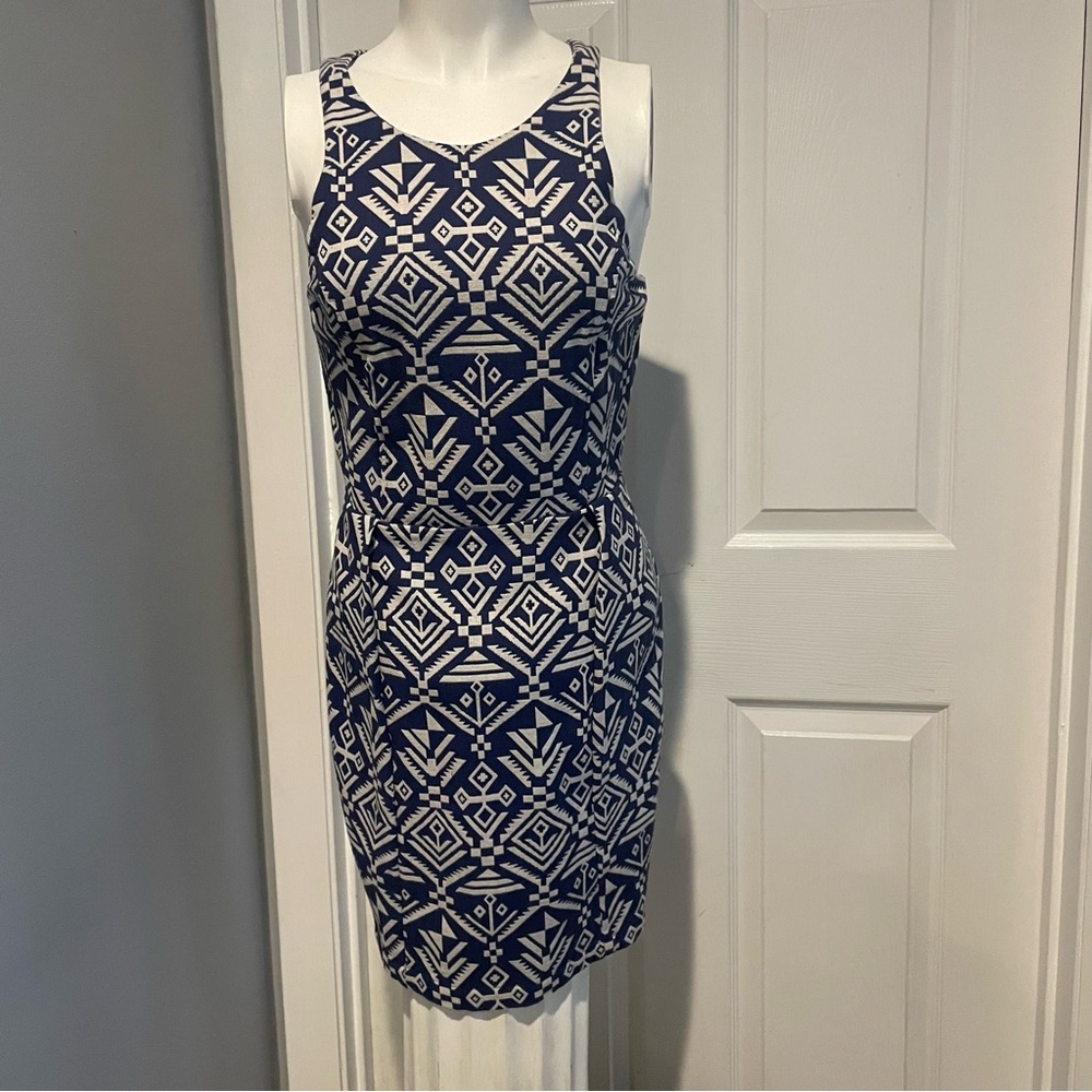DOLCE VITA Cotton Sheath Navy and White Aztec Blue Patterned Dress S/S